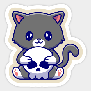 Cute Cat Holding Skull Bone Cartoon Sticker